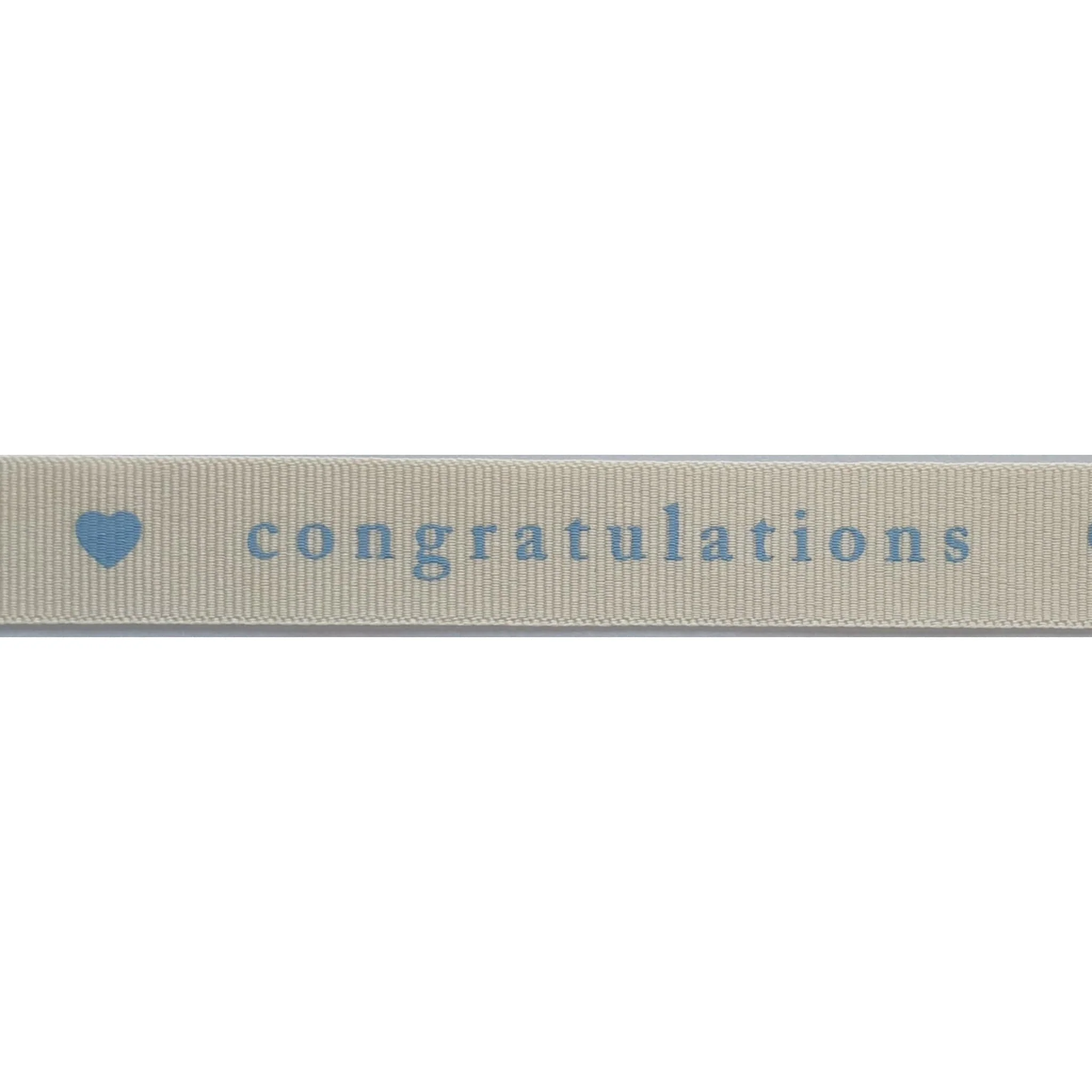 Congratulations Ribbon: Natural with Blue text: 15mm Wide. Price per metre.