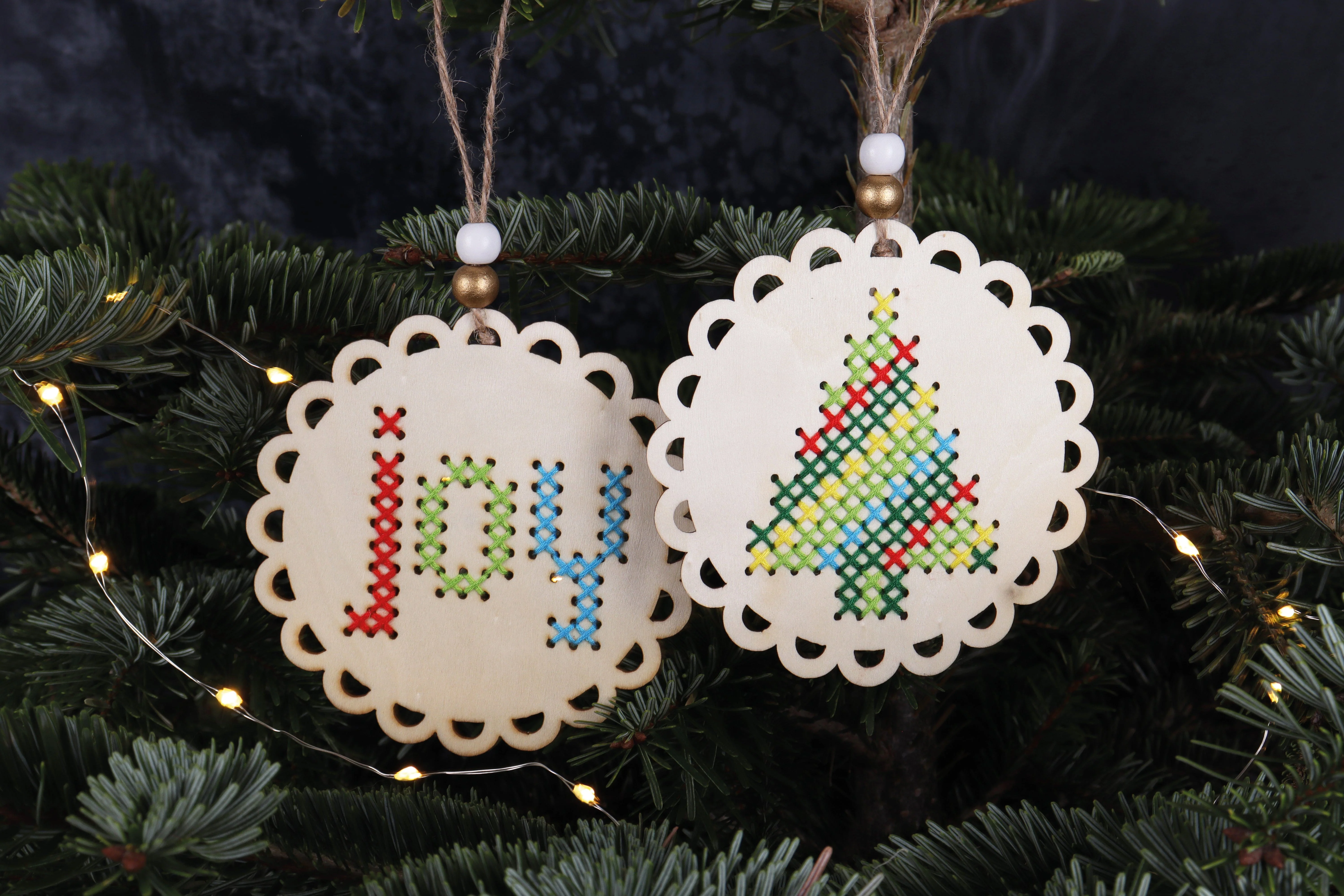 Cross Stitch Kit Pre-punched Wooden Shape Joy And Tree - Image 3