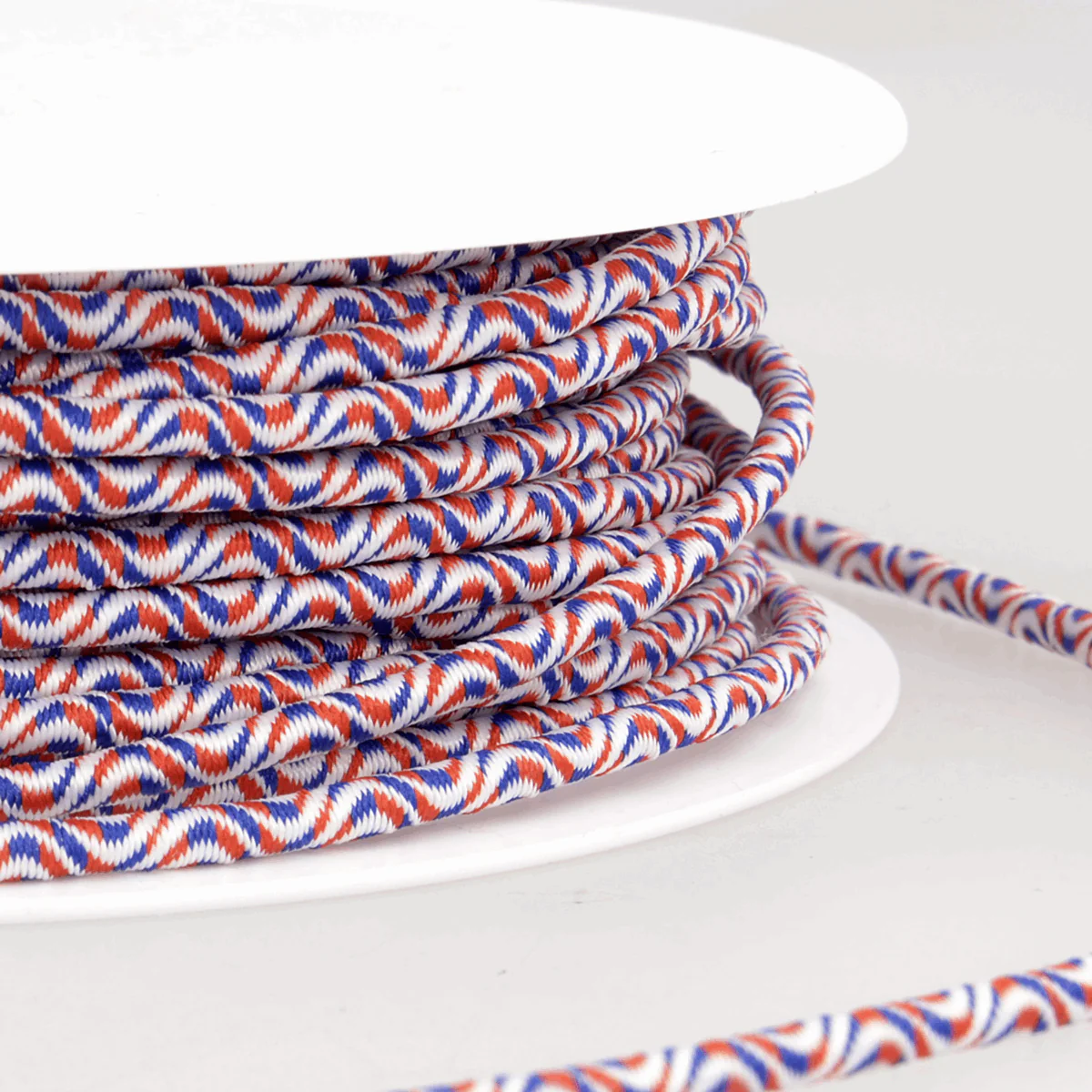 Elastic Cord: 3mm wide: Red, white and blue wave. Price per metre.