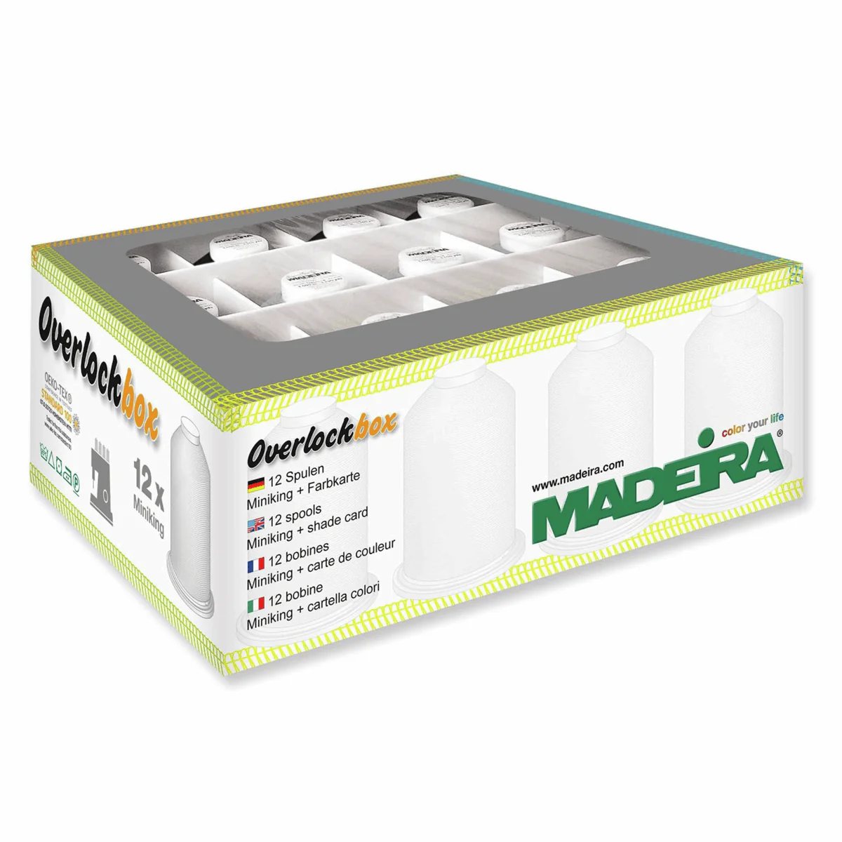 Madeira Overlock Thread Box: 12 mixed Aerolock and Aeroflock Reels