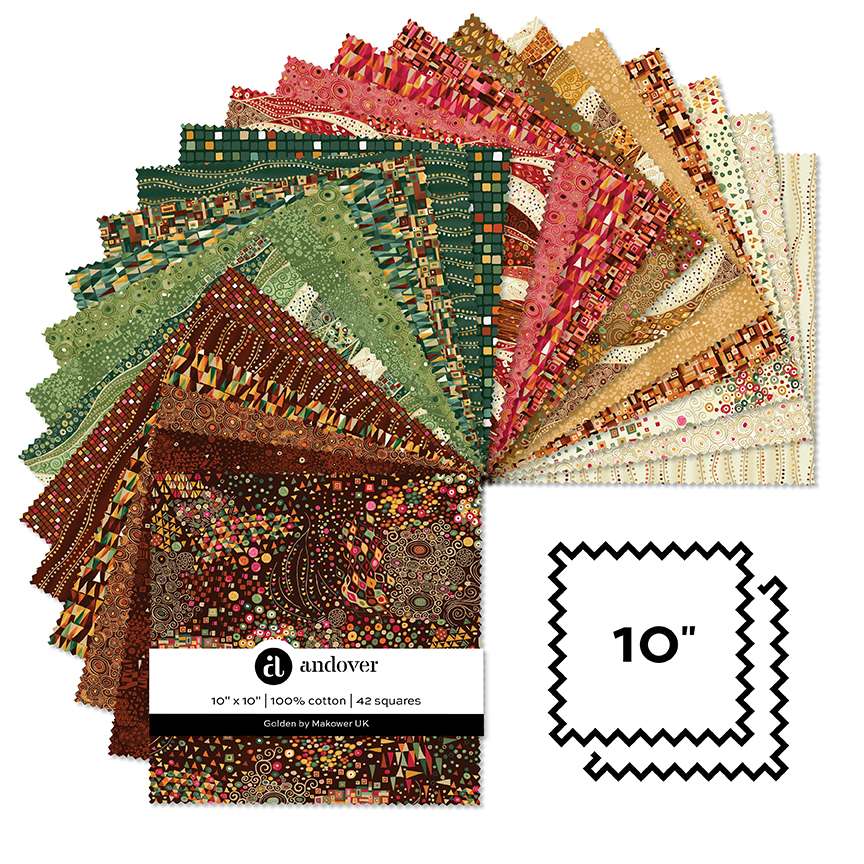 Makower Fabric Golden Metallic 10 Inch Square Pack