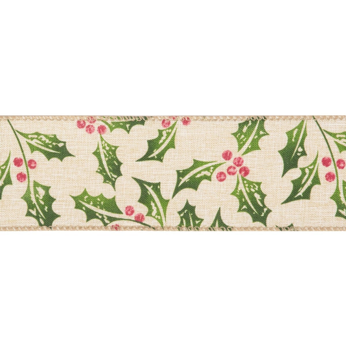 Printed Holly Wire Edge Ribbon 63mm