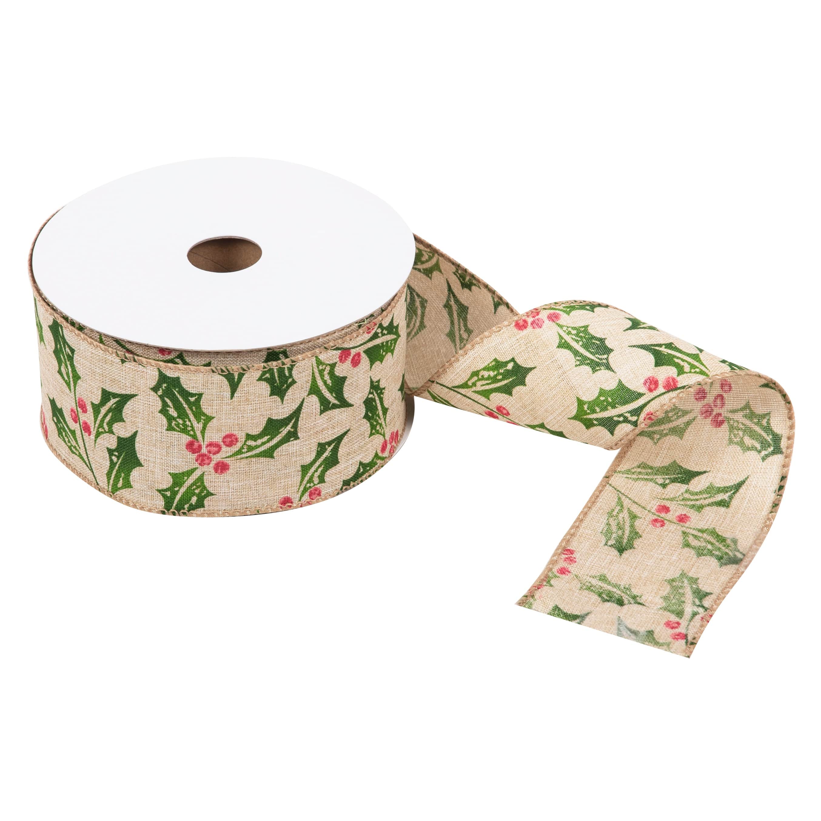 Printed Holly Wire Edge Ribbon 63mm - Image 2
