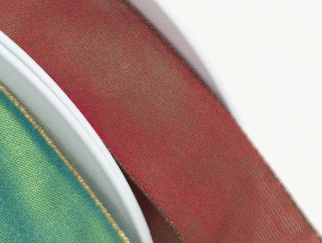 Radiance Ribbon Two Tone Shot Taffeta Metallic Edge Scarlet Green 25mm Wide - Image 2