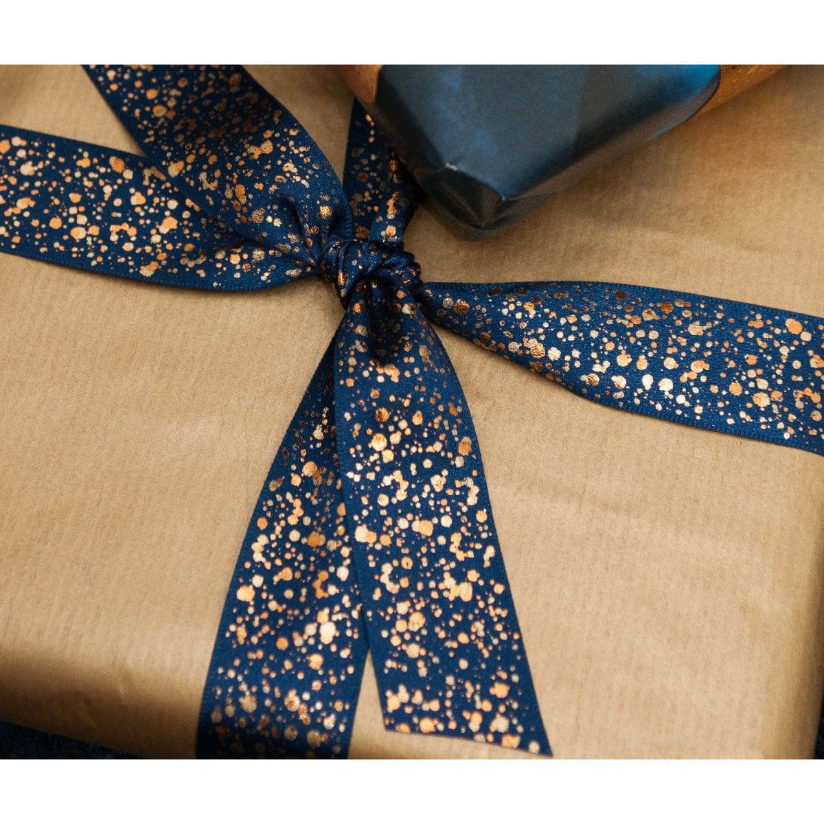 Sparkler Ribbon: Navy With Gold Metallic: 25mm wide. Price per metre. - Image 2