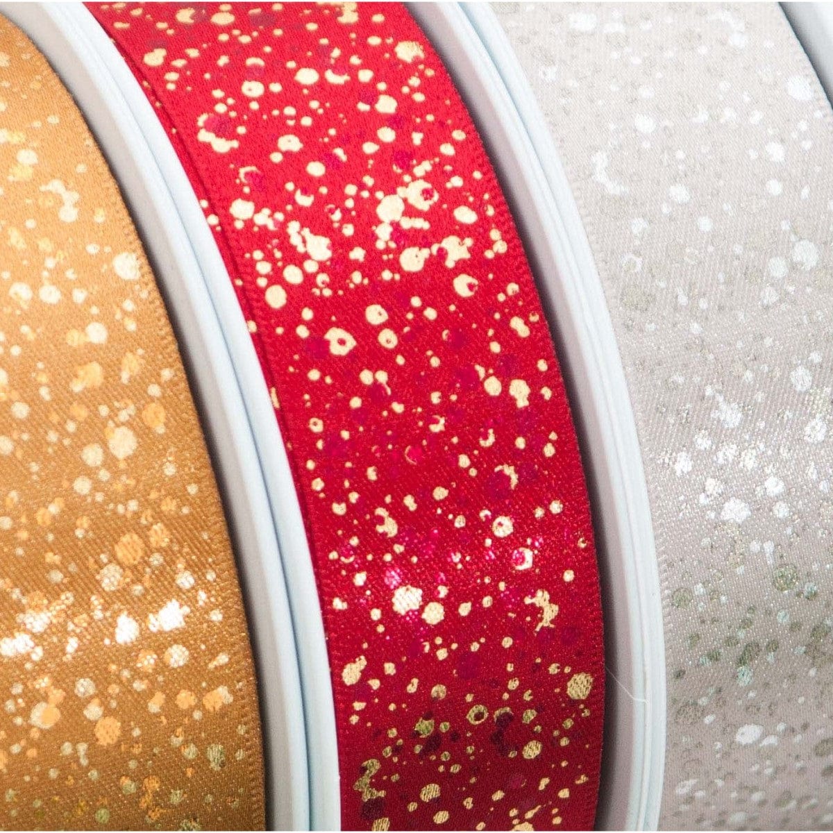 Sparkler Ribbon: Red With Gold Metallic: 25mm wide. Price per metre. - Image 2