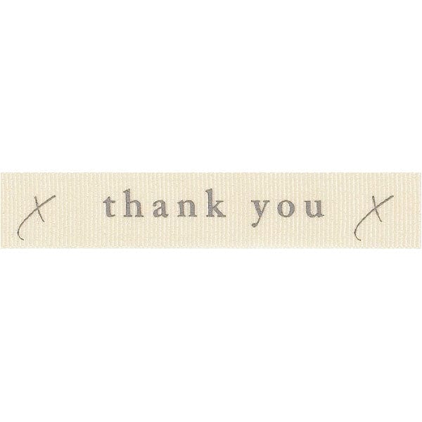 Thank You Ribbon: Natural with Grey text: 15mm wide. Price per metre.