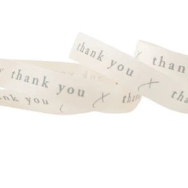 Thank You Ribbon: Natural with Grey text: 15mm wide. Price per metre. - Image 2