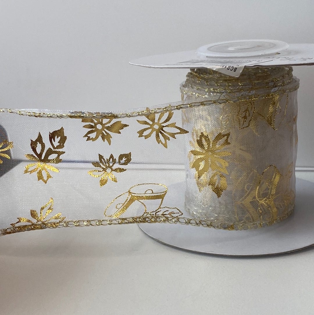 Wired Edge Bells and Poinsettia Ribbon: 38mm: Gold