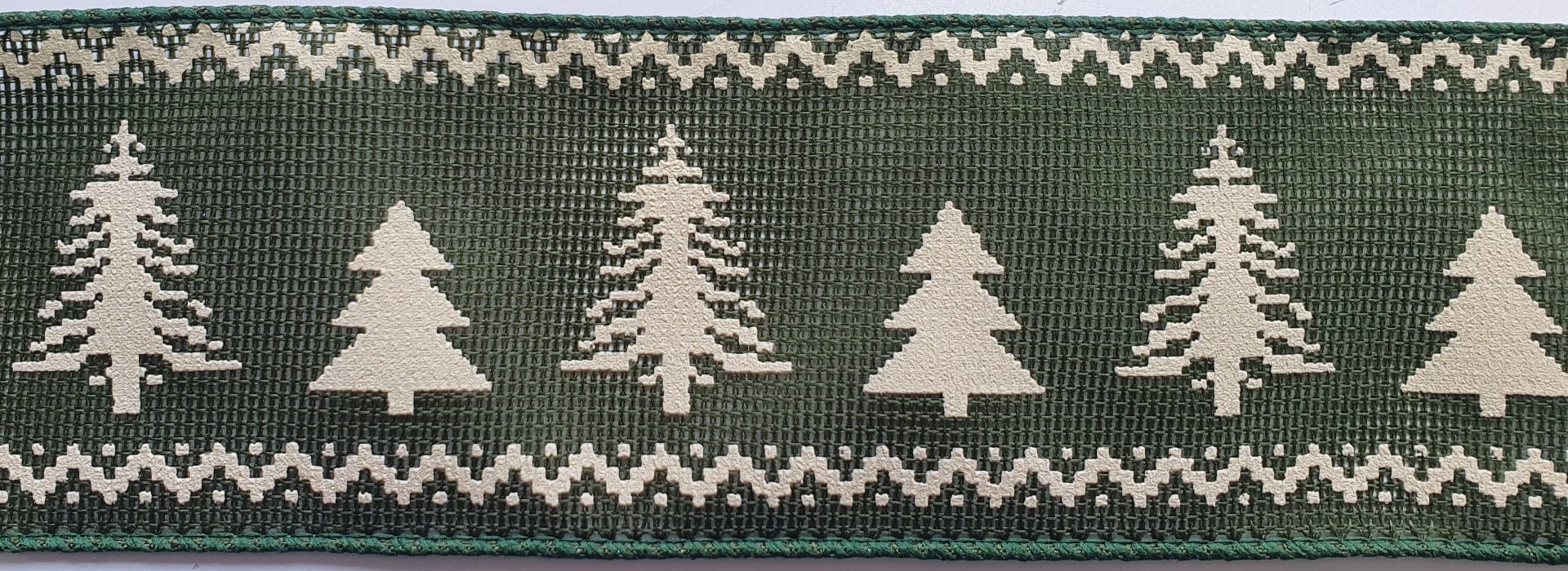 Wire edge ribbon green Christmas trees. 63mm width. Price per metre.